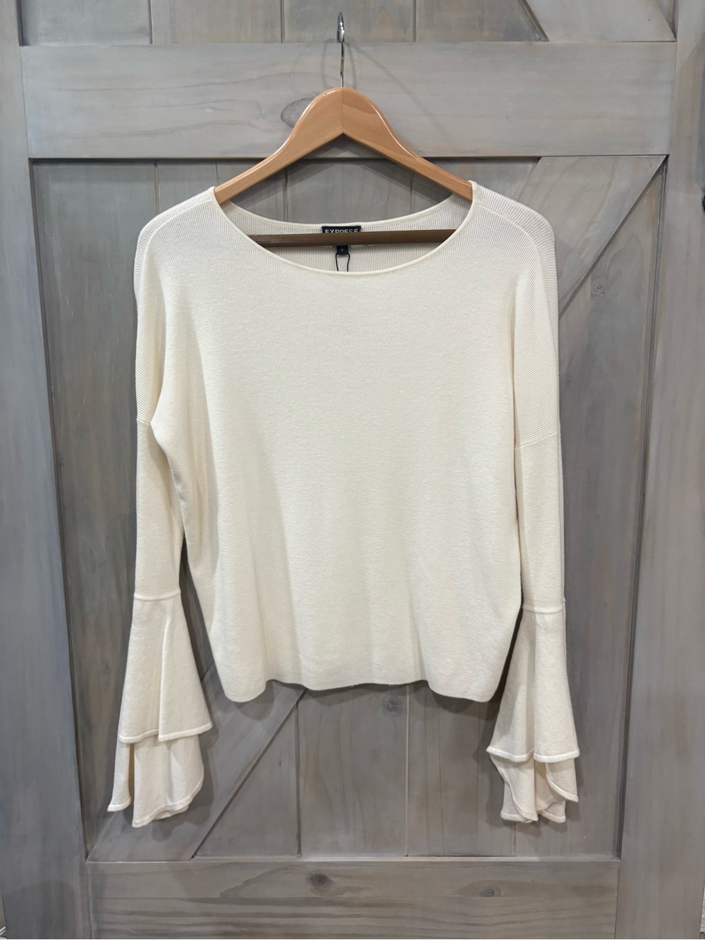 Express Cream Long-Sleeve Scoop-Neck Sweater with Tiered Ruffle Cuffs